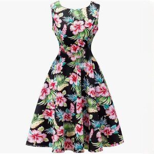 Vintage Classy Tiki Floral 1950s Audrey Hepburn Tea Swing Midi Dress
